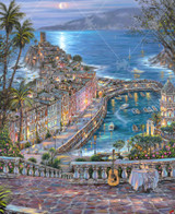  Close up of Table With A View wooden jigsaw puzzle, showing an evening scene of a candle lite table and guitar on a cobblestone pathway that overlooks the coast. Down below, buildings fill the peninsula and boats are parked in the marina. The moon shines from behind clouds, reflecting off the water. 