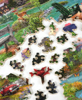  Pieces taken apart of Lakeside Panorama wooden jigsaw puzzle capturing an Autumn scene of a cabin up in the mountains with a lake front view. A deer and her fawn graze along the water as two ducks swim in the water nearby. 