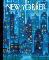  Close up of April 4, 2022 wooden jigsaw puzzle of a New Yorker cover of two people walking through the park at night with the city building lights looking like stars in the night sky. 