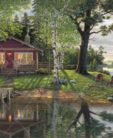  Close up of Simpler Times wooden jigsaw puzzle, displaying a quiet cabin by the lake, where a little girl and her dog sit outside by a birch tree as she reads a book. Down the cabin stairs leads to a pathway to a dock, where life vests sit on a bench. A set of chairs are set up by a stone campfire pit to the right of the girl. Two men are fishing in a boat on the lake, to the right of the image. 