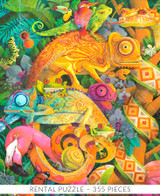  Close-up of Unlikely Pals wooden jigsaw puzzle, featuring a group of birds, reptiles, and insects, piling on top of one another in this jungle scene. A flamingo stands peering its head out from behind a tree where a snake wraps its body around the trunk and a chameleon stands on a branch, holding two other chameleons with its tail. A toucan, iguana, and kingfisher sit at the very top of the pile. A butterfly, dragonfly, spider, and caterpillar join in as they sit off to the side surrounded by leaves and tropical flowers. 