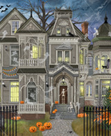  Close up of Halloween House wooden jigsaw puzzle featuring a festive house adorned with glowing jack-o’-lanterns on the steps and path, two skeletons by the front door, and playful ghosts floating around the roof and windows, capturing a fun, spooky Halloween scene. 