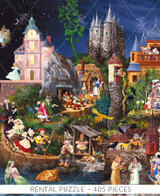  Close-up of Faery Tales wooden jigsaw puzzle exhibiting a village of fairy tale characters – Little Red Riding Hood, Hansel and Gretel, Rapunzel, Puss In Boots, The Three Bears, Cinderella, and many more. Each house correlates with a particular character's story. 