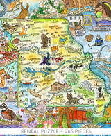  Close-up of Missouri, USA wooden jigsaw puzzle featuring a state map, filled with sites to see and all the things Missouri is known for. The map is decorated with small scenes on the sides of animals enjoying Kansas City bbq, a cat playing the fiddle, rabbits on a boat ride through the Ozark National Scenic Riverways, and so much more. A banner at the top of the map reads "The Show–Me State" and a blue banner at the bottom says "Missouri" in big red letters. 