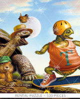  Close-up of Turtle & The Hare wooden jigsaw puzzle showing a turtle wearing a tank top and helmet as he rides a skateboard down a hill. A tortoise and bird cheer on the turtle as a gopher pokes its head out of its burrow with a worried expression. 