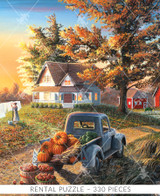  Close-up of Monday Morning wooden jigsaw puzzle presenting an autumn farm scene. As the sun rises behind the autumn trees, a woman hangs clothes on a clothing line in the yard. Two children collect flowers along the stream. An old vintage truck parked at the end of the dirt driveway is filled with pumpkins, watermelon, and corn for sale. 