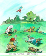  Close-up of On The Green wooden jigsaw puzzle capturing four golfers examining the green and measuring the distance of their golf balls to the cup. Four rabbits and a duck peek their heads over the hill to watch the game. 