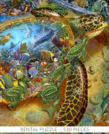  Close-up of World Of The Sea Turtle wooden jigsaw puzzle captures a sea turtle resting on the ocean floor with its hatchlings, surrounded by seashells, a crab, horseshoe crab, and starfish. On the turtle's shell is an image of fish and other aquatic life swimming in a coral reef. 