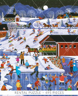  Close-up of More Snow Coming wooden jigsaw puzzle revealing adults and children enjoying a snowy night outside, playing ice hockey on a frozen pond, sledding down the hill, and sleigh rides through the village. 
