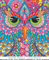  Close-up of Up Owl Night Wooden jigsaw puzzle featuring an owl made up of a vibrant array of designs and flowers. The owl's bright green eyes stare directly at the viewer. 