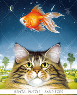  Close-up of Catatonic wooden jigsaw puzzle ,uncovering a Maine Coon cat looking up towards the star-filled sky where a goldfish floats in the air next to the moon, with little bubbles coming out of its mouth. Behind the cat is a landscape of rolling hills and ponds. 