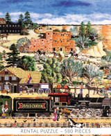  Close-up of Grand Canyon wooden jigsaw puzzle displaying a group of people waiting by their horse and buggy as people disembark from a train. Desert plants follow the pathway up to a dark brown building nestled along the gorge. 