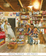  Close-up of Little Shoppers wooden jigsaw puzzle bringing you inside an old general store where three kids and there dog stare at all the candy options. A woman sits by the candy while drinking coffee and holding a fly swatter. 