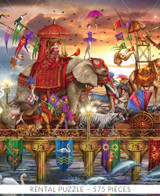  Close-up of One Way Traffic wooden jigsaw puzzle showcasing animals and performers dressed in costumes crossing over a gold bridge. Dolphins, swans, and fish swim alongside the bridge as birds fly in the sunset sky, following the crowd to the other side. 