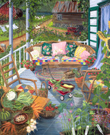  Close-up of Harvest Day wooden jigsaw puzzle, presenting the front porch of a farmhouse, looking out onto the farm property, where chickens, ducks, and cows roam around near a barn and garden. The porch has quilted pattern chairs and a couch, along with two tables. Flowers and vegetables can be seen all over the porch, sitting on the tables, in baskets, and even in a little red wagon. 