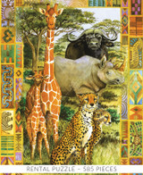  Close up of the African Plains wooden jigsaw puzzle showcases two cheetahs alongside a mother giraffe and her calf, a rhino, and a water buffalo, all together against a backdrop of the African plains. The artwork is beautifully bordered with vibrant African patterns and illustrations. 