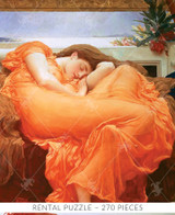  Close up of a woman in a flowing, sunset-orange gown sleeps peacefully, curled on a stone bench beneath golden sunlight. Behind her, blossoms rest nearby, and the distant sea shimmers under a tranquil sky. Rental Puzzle - 270 Pieces 