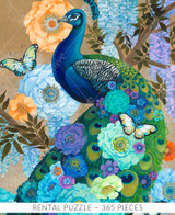  Close up of handcrafted wooden jigsaw puzzle of a vibrant peacock sitting on a branch surrounded by flowers and blossoms. Rental Puzzle - 365 Pieces 