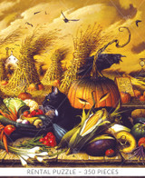  Close up of an autumn harvest scene with golden cornstalks bending in the wind and a black cat lounging among an abundance of vegetables, including corn, carrots, peppers, and tomatoes. Overhead, crows fly against a windswept sky while a jack-o’-lantern smiles slyly, creating a playful and mysterious fall atmosphere. Rental Puzzle - 350 Pieces 