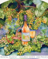  Close up of a vineyard-inspired scene with a bottle of wine, a tall glass of golden wine, and a basket of pale green grapes with blush highlights, capturing the warmth and serenity of a sunlit harvest moment. Rental Puzzle - Double-Sided, 200 Pieces. 
