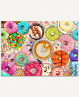  A vibrant assortment of donuts is arranged on a pink wooden table. A decorative latte sits at the center, surrounded by the sweet display, creating a cozy and cheerful café moment filled with bright colors and inviting treats. 