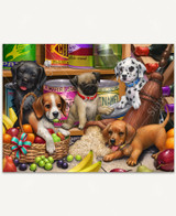  Five playful puppies create a mischievous scene inside a cozy pantry during snack time. A beagle lounges in a basket of fruit, while a pug tips over a bag of rice toward a dachshund. A black lab and a dalmatian join in the fun, surrounded by scattered pantry items and wagging tails. 
