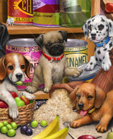  Close up of five playful puppies create a mischievous scene inside a cozy pantry during snack time. A beagle lounges in a basket of fruit, while a pug tips over a bag of rice toward a dachshund. A black lab and a dalmatian join in the fun, surrounded by scattered pantry items and wagging tails. 
