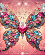  Close up of a radiant butterfly with wings decorated in colorful, gem-like details. A glowing backlight creates a radiant halo effect, giving the butterfly a dreamlike presence. The scene is framed by ornate gilded swirls with rich ruby accents. 