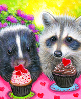  Close up of a playful Valentine’s Day illustration of a skunk, raccoon, and fox sitting around a table with a pink heart-patterned tablecloth, enjoying cupcakes decorated with fondant hearts. 