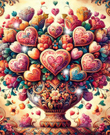 Close up of a decorative vase with an arrangement of brightly colored hearts shaped like blooming roses, surrounded by delicate green leaves and fresh sprouts. 