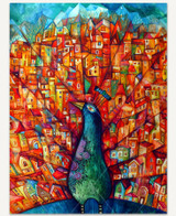  Whimsical watercolor illustration by Oxana Zaika of a majestic peacock with flowing, multicolored feathers that transform into a miniature old-world village. 