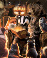  Close up of woodland animals gathered in a cozy room by a glowing fireplace. A bear sits in a leather armchair holding a book titled Human Behavior, while a badger and rabbit perch on his lap. Nearby, a fox, dog, raccoon, squirrel, and owl crowd around, leaning in with curious expressions as they study the book together. 