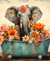  Close up of a young elephant decorated with paisley patterns on its ears, sitting in a vintage blue clawfoot tub filled and surrounded by vibrant orange flowers. 