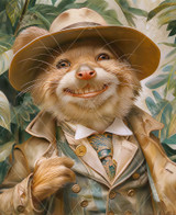  Close up of a sharply dressed meerkat wearing a voyager-style hat, a tan coat, and a tailored suit and tie. Dense green foliage surrounds the scene behind the meerkat. 