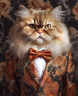  Close up of a Persian cat dressed in a black suit with an orange floral pattern, a white button-up shirt, and an orange bow tie. 
