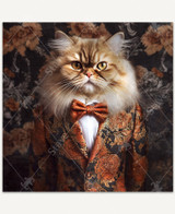  A Persian cat dressed in a black suit with an orange floral pattern, a white button-up shirt, and an orange bow tie. 