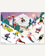  A lively winter mountain scene showing multiple sports activities in progress. Ice skaters glide across the ice, snowboarders and skiers race down snowy slopes, and bobsledders speed through icy turns. A hockey player prepares to take a shot, while a gondola travels through pine trees overhead. 