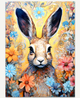  A brown rabbit with raised ears is sitting among pink, orange, and blue flowers. 