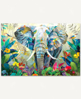  Majestic elephant standing amid lush green jungle foliage, with two colorful birds perched nearby. 