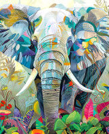  Close up of a majestic elephant standing amid lush green jungle foliage, with two colorful birds perched nearby. 