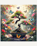  Delicate bonsai tree with soft pink blossoms in a decorated pot, standing on a stone platform. Sunlight filters through the branches, while butterflies flutter around, and colorful flowers surround the scene. 