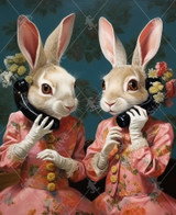  Close up of a whimsical scene of two white rabbits standing side by side, dressed in pink floral Victorian-style dresses, holding phones to their ears that bloom with flowers. 