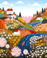  Close up of whimsical landscape featuring a winding river flowing through rolling hills covered in flowers and colorful trees. Several cozy houses are scattered across the hills, while pink mountains rise in the distance. 