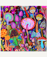  A vibrant arrangement of neon mushrooms in every color, decorated with floral swirls and polka dot patterns. 