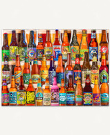  Three rows of colorful beer bottles with frothy glasses overflowing with foam behind each. 