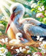  Close up of a serene nature scene of a mother pelican and her baby resting in a woven twig nest, softly lit by sunlight, with butterflies fluttering among blooming flowers. 