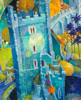  Close up of a grand castle rising above the landscape, surrounded by tall protective walls, with a blue river flowing below. Along the upper walkway, figures stroll with colorful umbrellas. 
