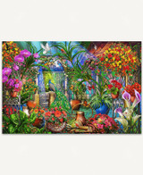  Peacock and white doves inside a sunlit greenhouse with glowing stained glass windows, surrounded by vibrant tropical flowers and orange trees. 