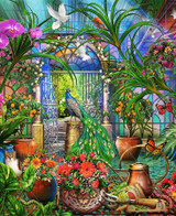  Close up of a peacock and white doves inside a sunlit greenhouse with glowing stained glass windows, surrounded by vibrant tropical flowers and orange trees. 
