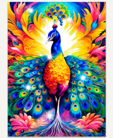  Colorful peacock with vibrant rainbow feathers fanned out in a dramatic display, with a soft, glowing light behind its head. 